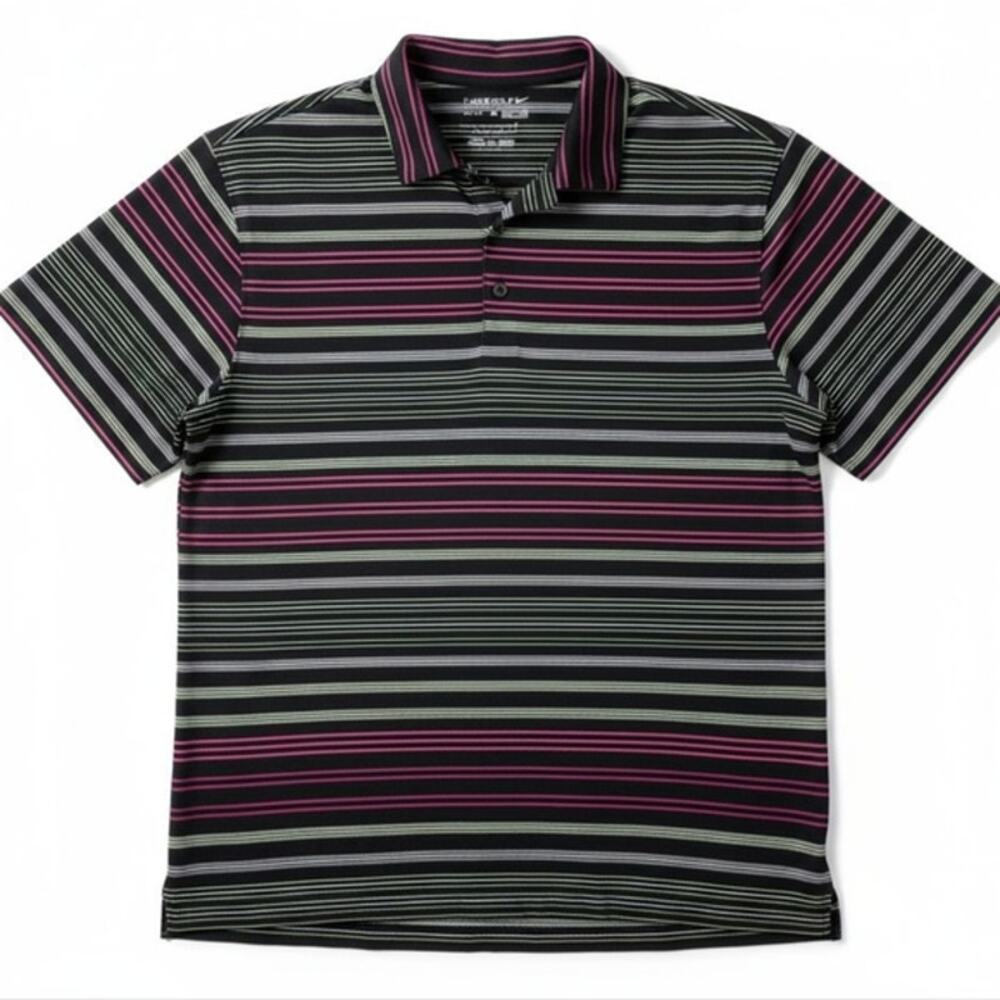 Nike Dri-Fit Polo Golf Shirt Men's Sz L Grey‎ Purple Striped Rugby Sporty Preppy